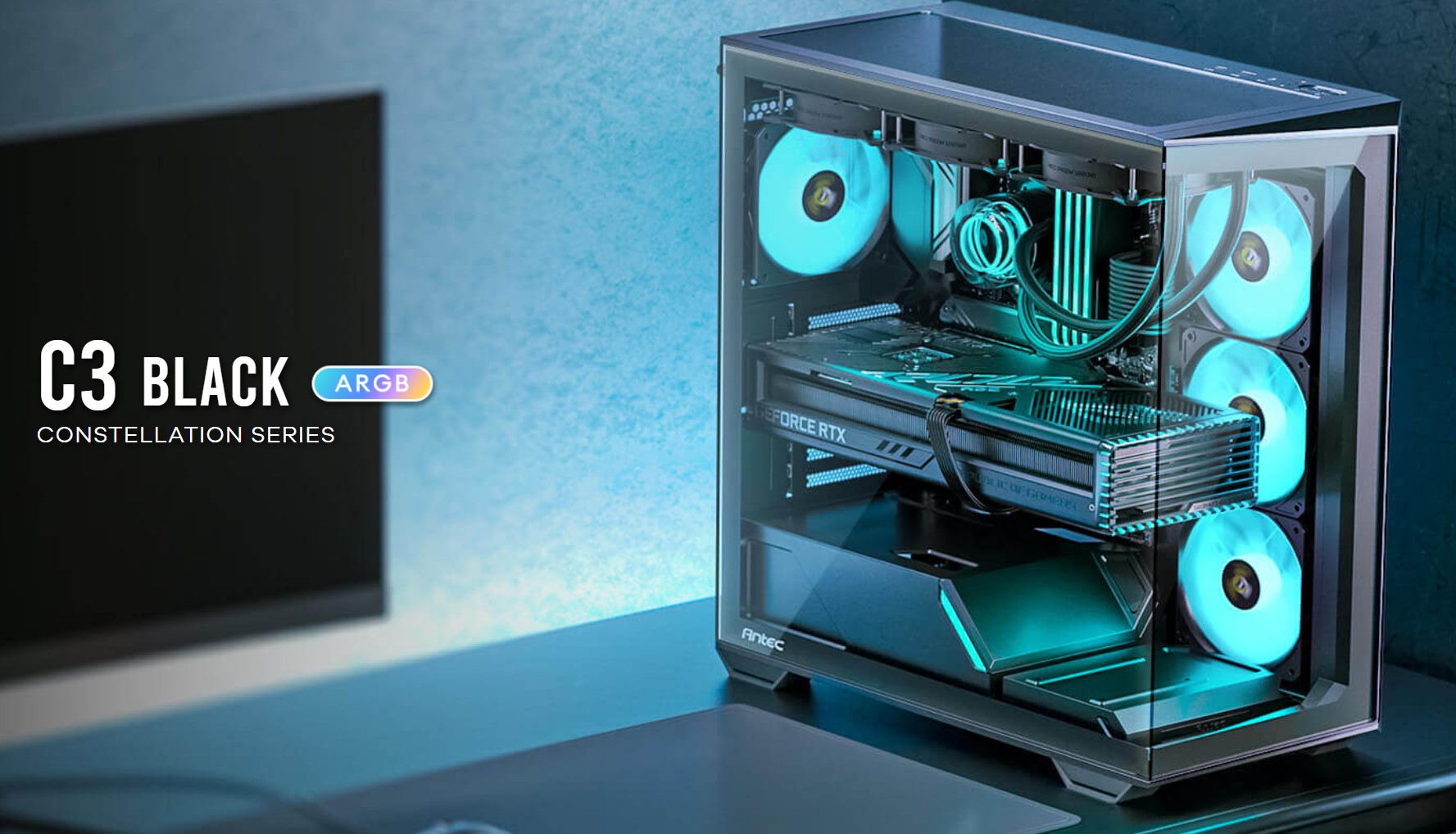 Antec C3 ARGB - Black, Mid Tower, ATX/Micro-ATX/ITX, 270° Tempered Glass, USB-C, 4× PWM ARGB Fans, 360mm Radiator, 2Yr Wty image 3