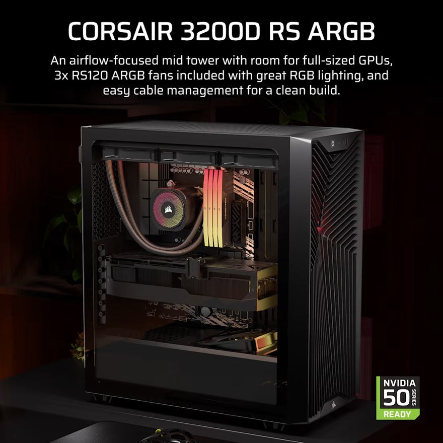 Corsair 3200D RS ARGB Mid-Tower PC Case -Black, ATX mATX ITX, TG panel, ARGB fans, 400mm GPU, 165mm CPU, 360mm rad, USB-C, 7 slots, 2x2.5 1x3.5, 2yr w image 4