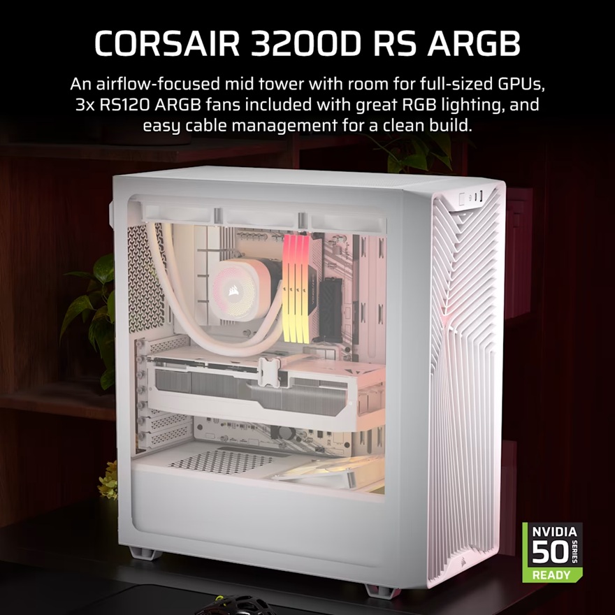 Corsair 3200D RS ARGB Mid-Tower PC Case- White, ATX mATX ITX, TG panel, ARGB fans, 400mm GPU, 165mm CPU, 360mm rad, USB-C, 7 slots, 2x2.5 1x3.5, 2yr w image 4