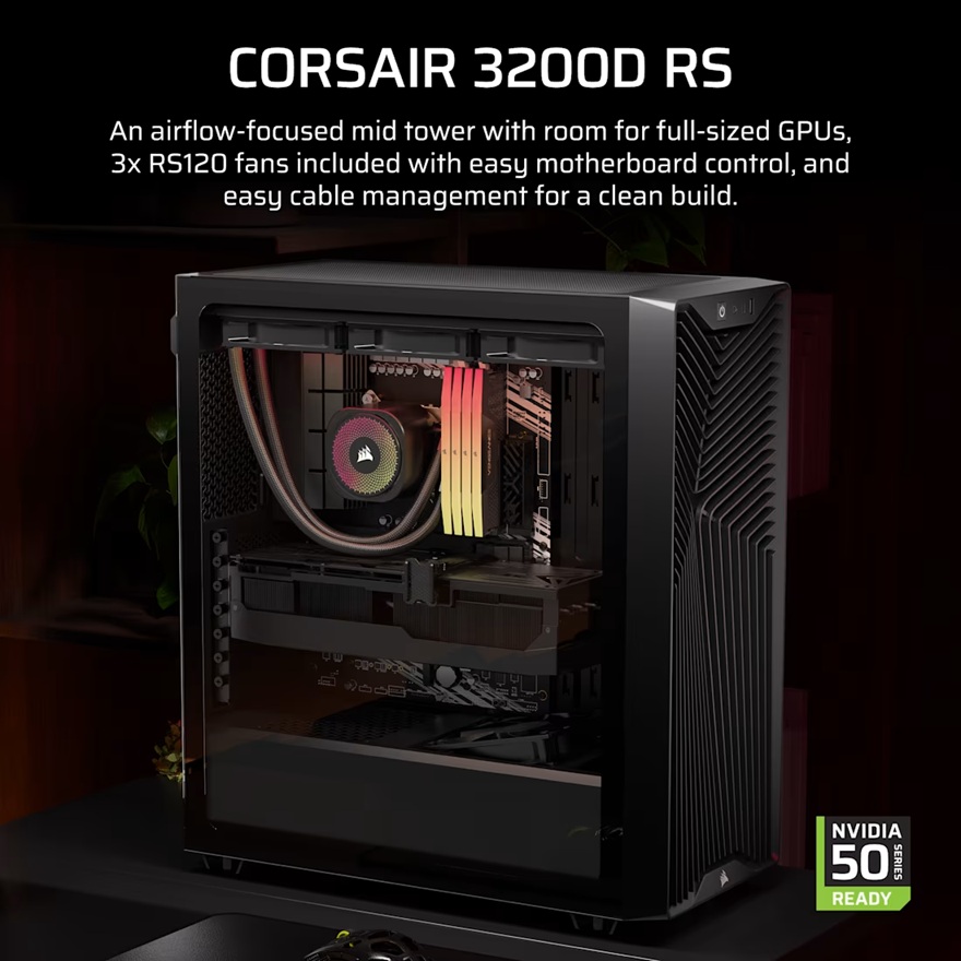 Corsair 3200D RS Mid-Tower PC Case - Black, ATX mATX ITX, TG panel, 400mm GPU, 165mm CPU, 360mm rad, USB-C, 7 slots, 2x2.5 1x3.5, 2yr wty, steel TG image 4