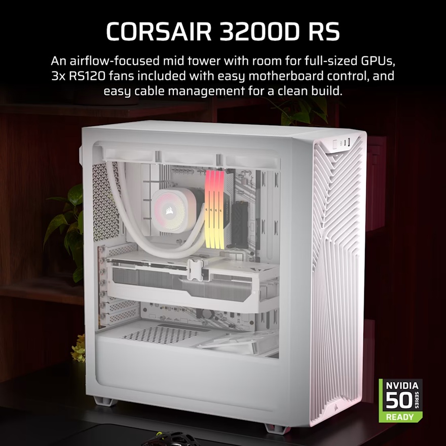 Corsair 3200D RS Mid-Tower PC Case - White, ATX mATX ITX, TG panel, 400mm GPU, 165mm CPU, 360mm rad, USB-C, 7 slots, 2x2.5 1x3.5, 2yr wty, steel TG image 4