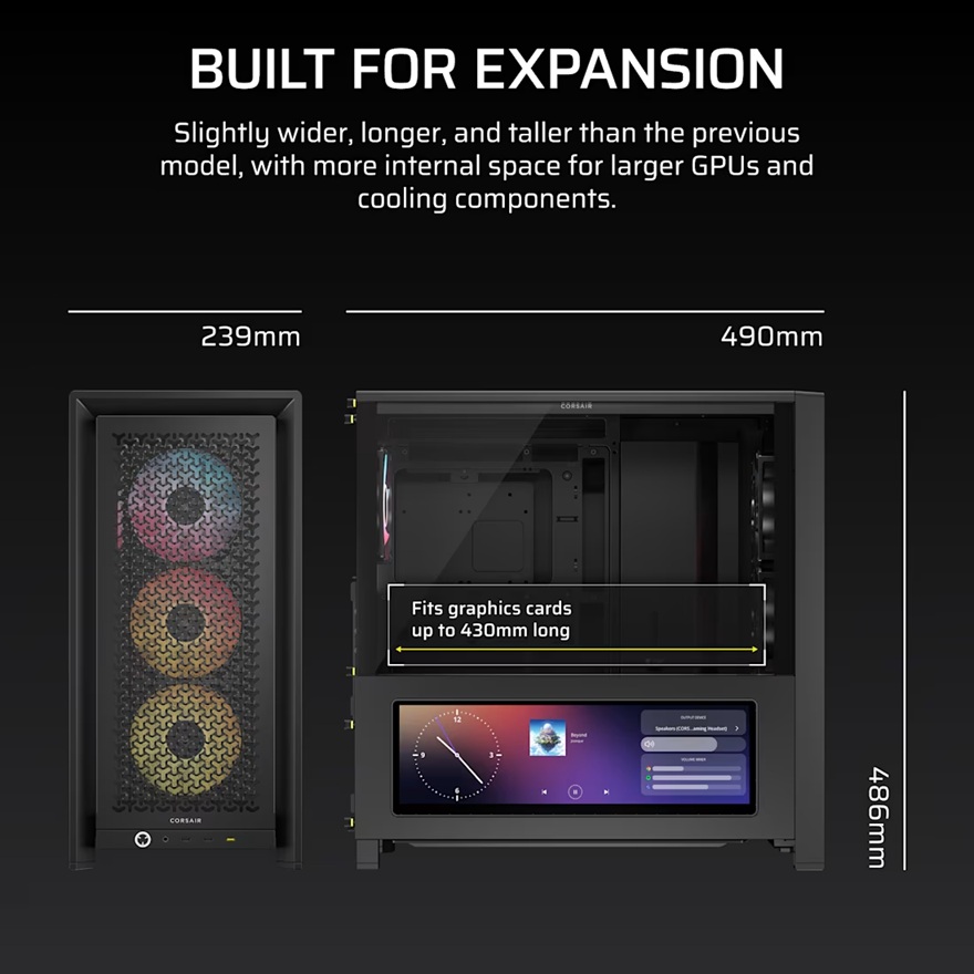 Corsair FRAME 4000D LCD RS ARGB Premium Mid-Tower PC Case - Black, ATX/E-ATX, TG panel, LCD, 430mm GPU, 170mm CPU clr, 360mm rad, USB-C, 2yr wty image 2