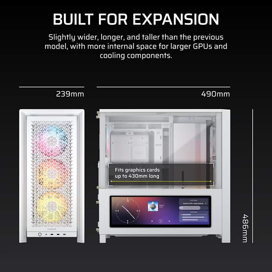 Corsair FRAME 4000D LCD RS ARGB Premium Mid-Tower PC Case- White, ATX/mATX/ITX/E-ATX, 486x490x239mm, 430mm GPU, 360mm rad, tempered glass image 2