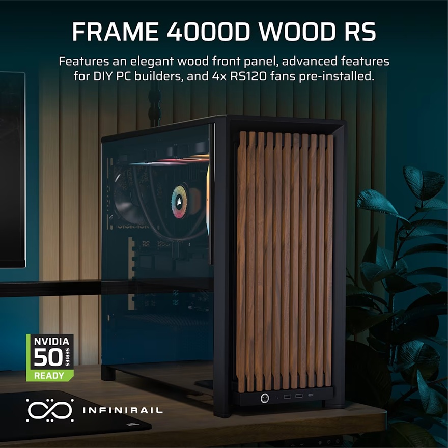 Corsair FRAME 4000D WOOD RS Modular Mid-Tower PC Case - White/Walnut, E-ATX ATX mATX ITX, TG wood, 430mm GPU, 170mm CPU, 360mm rad, USB-C, vert GPU image 4