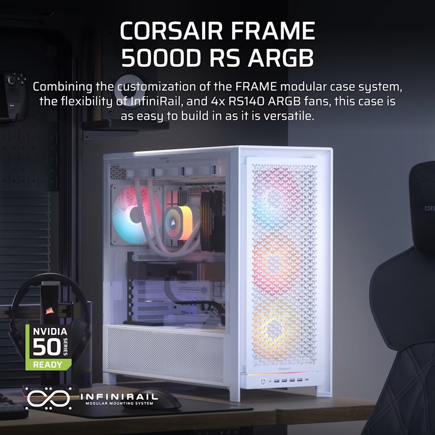 Corsair FRAME 5000D RS ARGB High-Airflow Mid-Tower PC Case - White, ATX, 450mm GPU, 175mm CPU cooler, 360mm rad, 4x RS140 ARGB, 1x USB-C 3.2 image 2
