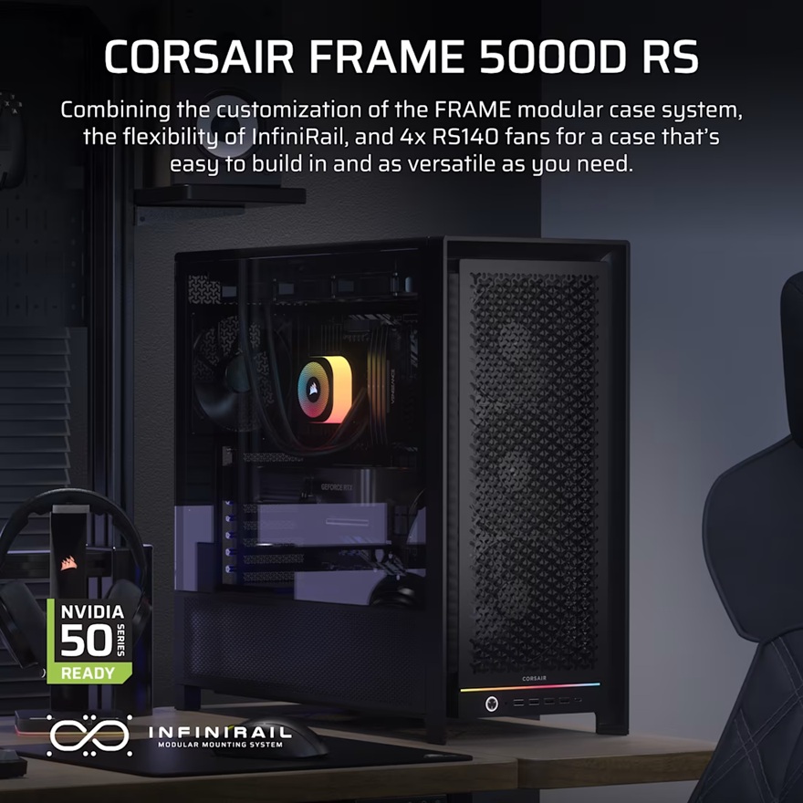 Corsair FRAME 5000D RS HIGH-AIRFLOW MID-TOWER PC CASE - BLACK, ATX, 450mm GPU, 175mm CPU cooler, 360mm rad, 4x RS140, 1x USB-C 3.2 Gen2 image 2