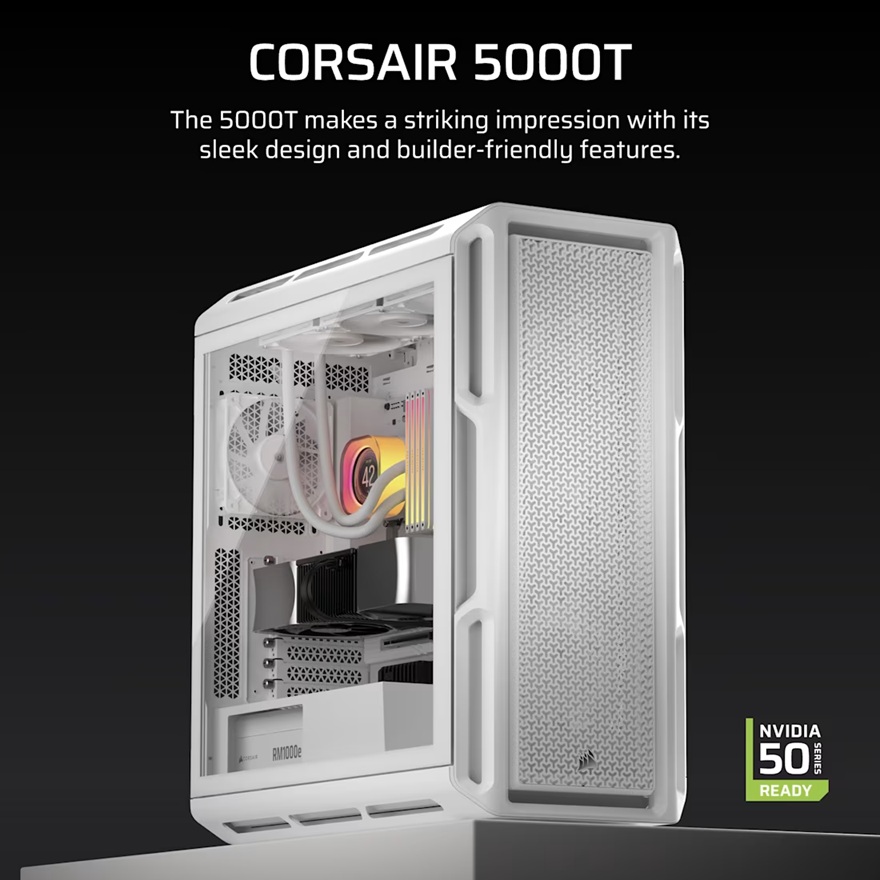 Corsair 5000T Mid-Tower High-Performance PC Case - White, ATX, 450mm GPU, 250mm PSU, 170mm CPU cooler, 360mm rad, 1x USB-C 3.2 Gen 2 image 3