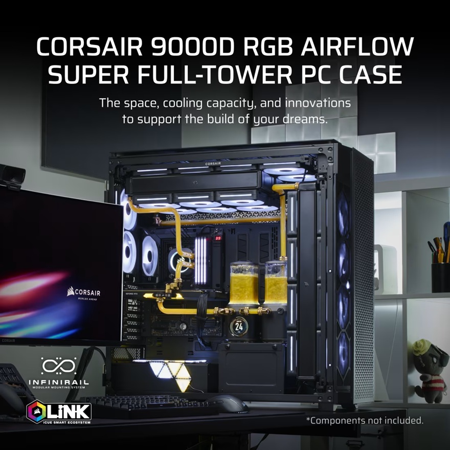 Corsair iCUE LINK 9000D RGB AIRFLOW Super Full-Tower PC Case - Black, 698×307×698mm, GPU 580mm, 6x 2.5", 5x 3.5", rad 480mm, 2x USB-C 180mm CPU Cooler image 4