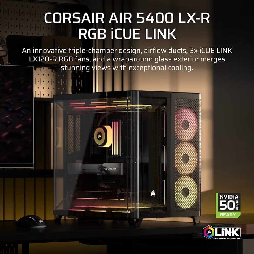 Corsair AIR 5400 LX-R RGB iCUE LINK Triple Chamber Mid-Tower PC Case - Black; ATX/E-ATX; 467x470x340mm; TG; 360GPU; 180CPU; 360RAD; USB-C image 2
