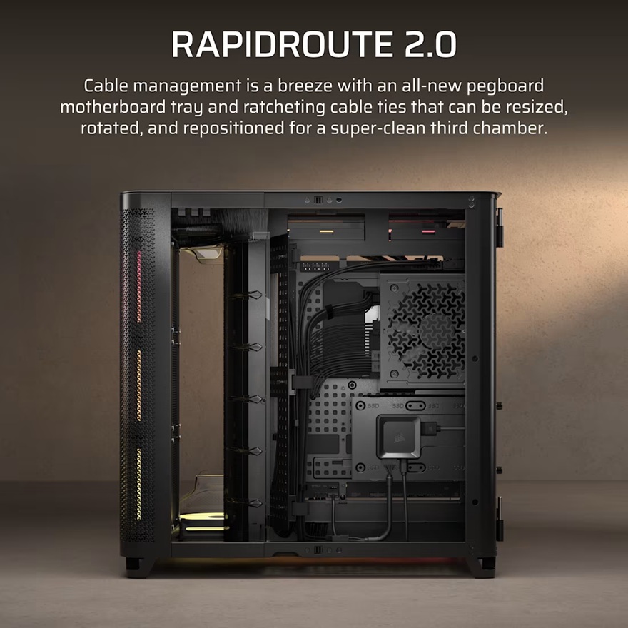 Corsair AIR 5400 LX-R RGB iCUE LINK Triple Chamber Mid-Tower PC Case - Black; ATX/E-ATX; 467x470x340mm; TG; 360GPU; 180CPU; 360RAD; USB-C image 4