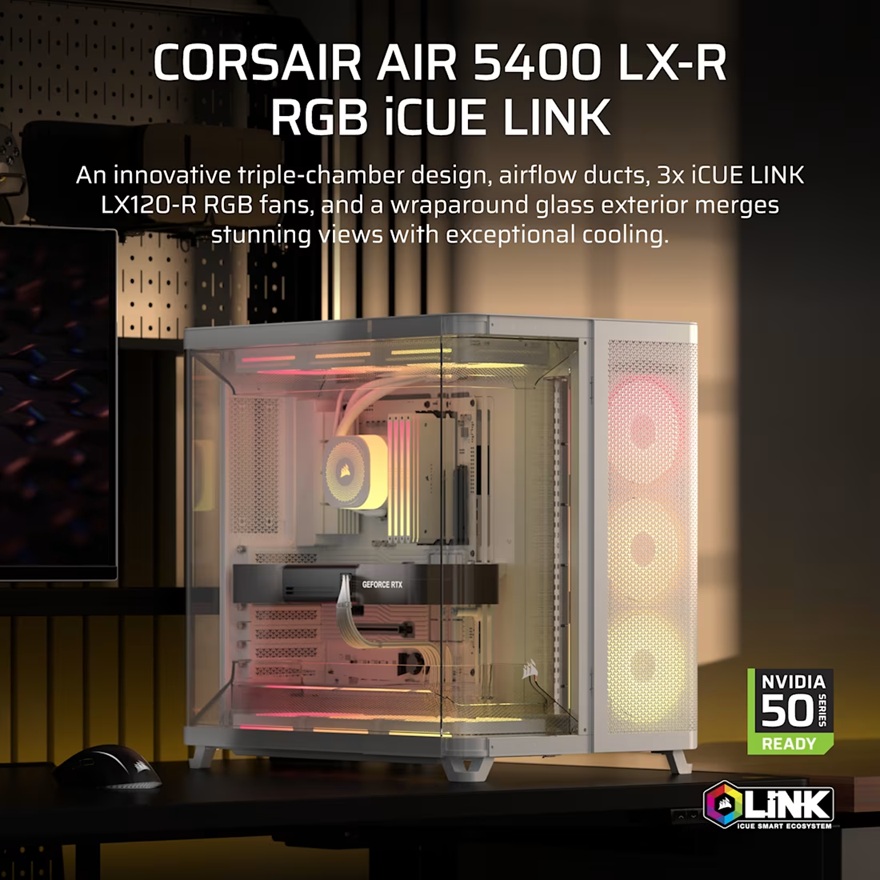 Corsair AIR 5400 LX-R RGB iCUE LINK Triple Chamber Mid-Tower PC Case - White; ATX/E-ATX; 467x470x340mm; TG; 360GPU; 180CPU; 360RAD; USB-C image 2