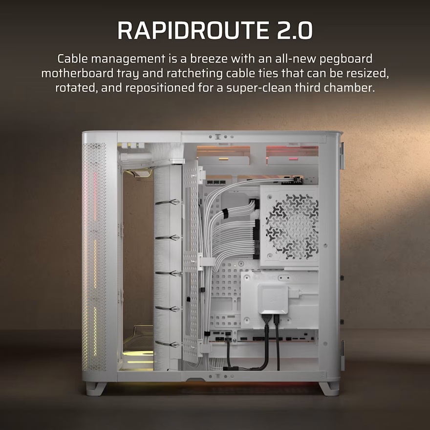 Corsair AIR 5400 LX-R RGB iCUE LINK Triple Chamber Mid-Tower PC Case - White; ATX/E-ATX; 467x470x340mm; TG; 360GPU; 180CPU; 360RAD; USB-C image 4