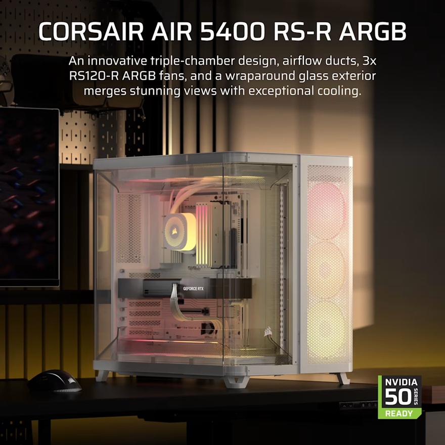 Corsair AIR 5400 RS-R ARGB Mid-Tower ATX Case - White, Triple-Chamber, 360mm Rad Support, Glass Panels, USB-C, ATX/E-ATX, 2x SSD, 1x HDD image 2