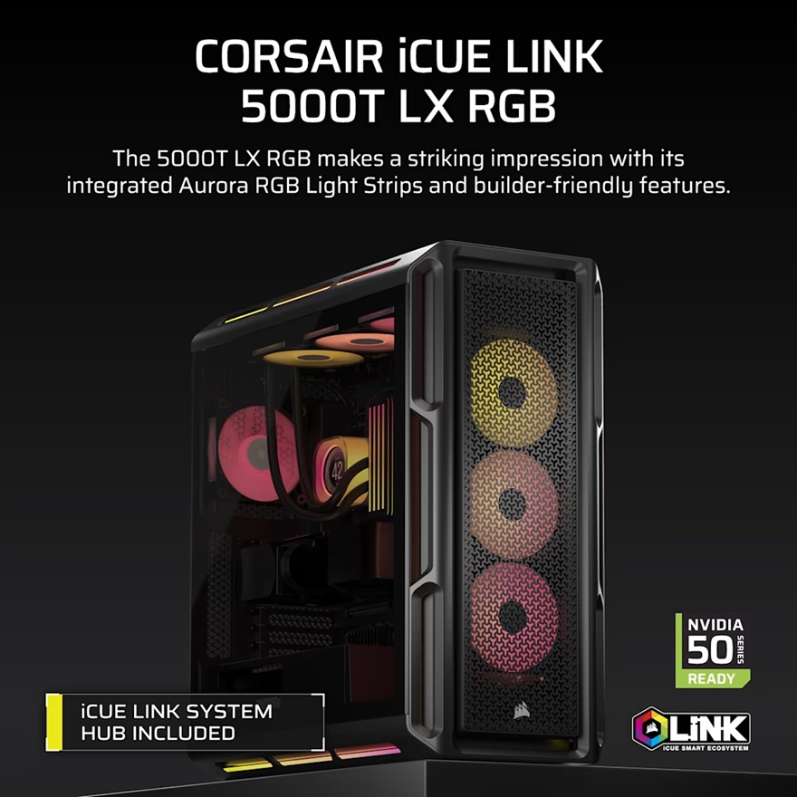 Corsair iCUE LINK 5000T LX RGB Mid-Tower High-Performance PC Case - Black, ATX, 450mm GPU, 170mm CPUcooler, 360mm rad, 3x LX120 RGB, 1x USB-C 3.2 Gen2 image 2