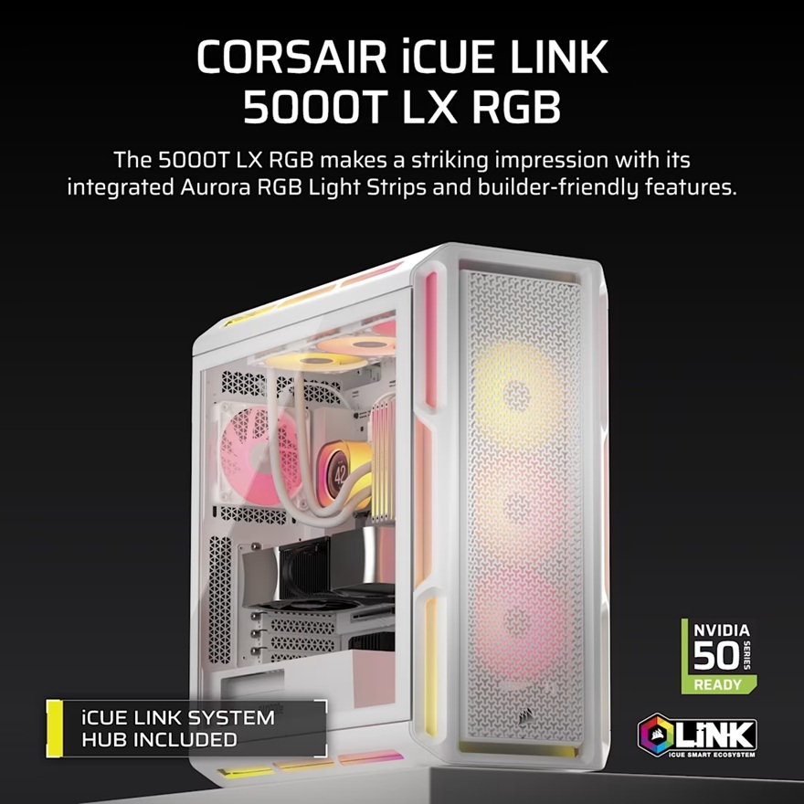Corsair iCUE LINK 5000T LX RGB Mid-Tower High-Performance PC Case - White, ATX, 450mm GPU, 170mm CPUcooler, 360mm rad, 3x LX120 RGB, 1x USB-C 3.2 Gen2 image 2