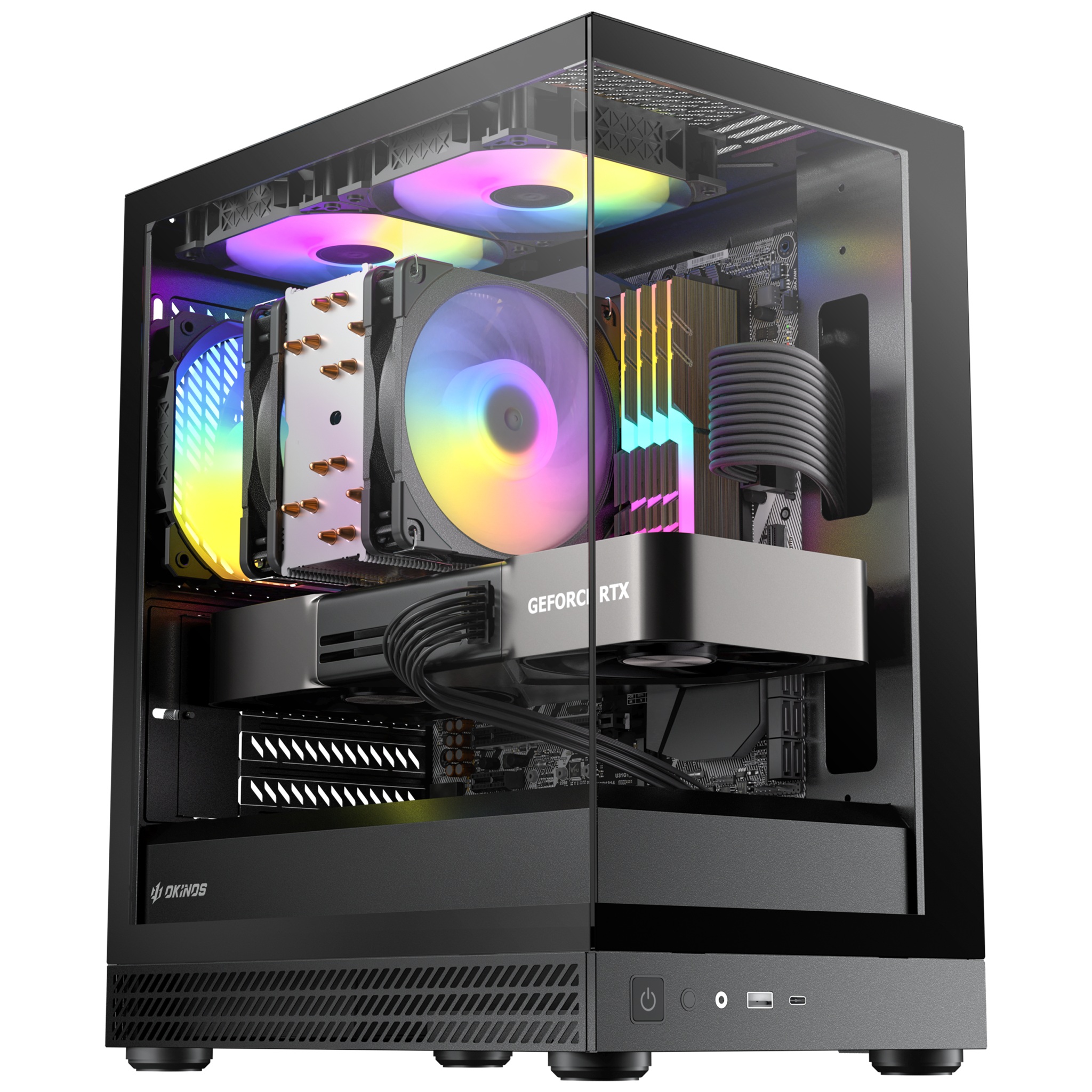 OKINOS AQUA UNO BLACK, Mini Tower, Micro-ATX/ITX, tempered glass, 3×120mm ARGB fans, USB 3.0 + Type-C, ≤309mm GPU, ≤165mm CPU cooler, steel image 2