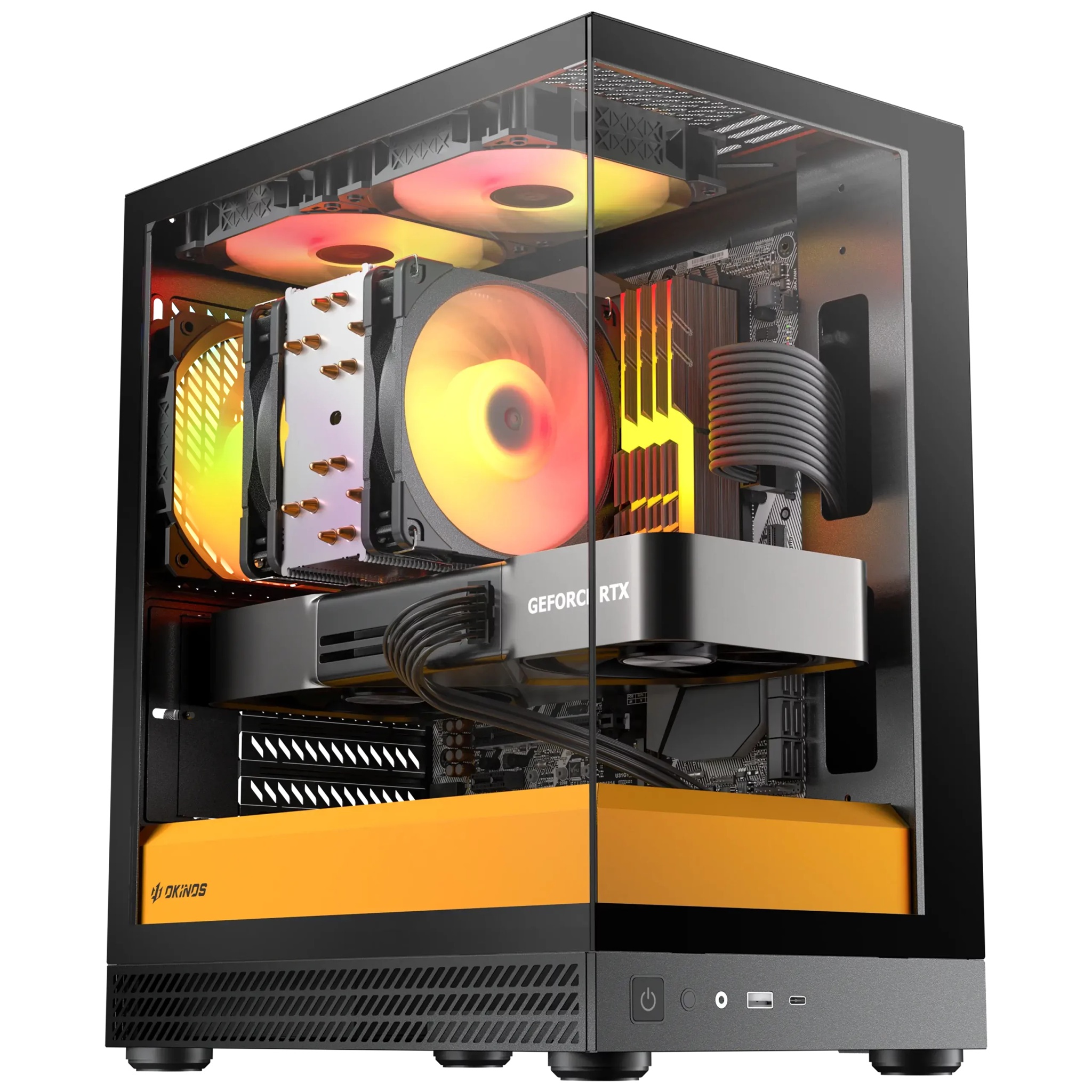OKINOS AQUA UNO CANARY, Mini Tower, Micro-ATX/ITX, tempered glass, 3×120mm ARGB fans, USB 3.0 + Type-C, ≤309mm GPU, ≤165mm CPU cooler, steel image 2