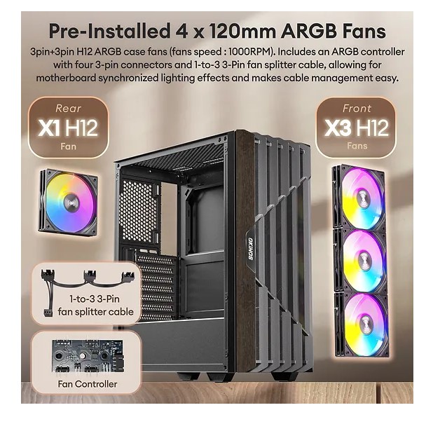 OKINOS Cypress P5 ARGB Oak Wood Trim ATX, 4x120mm ARGB Non-PWM Fans Pre-Installed,Type-C,Tempered Glass Side Panel,Black Mid-Tower Case image 3