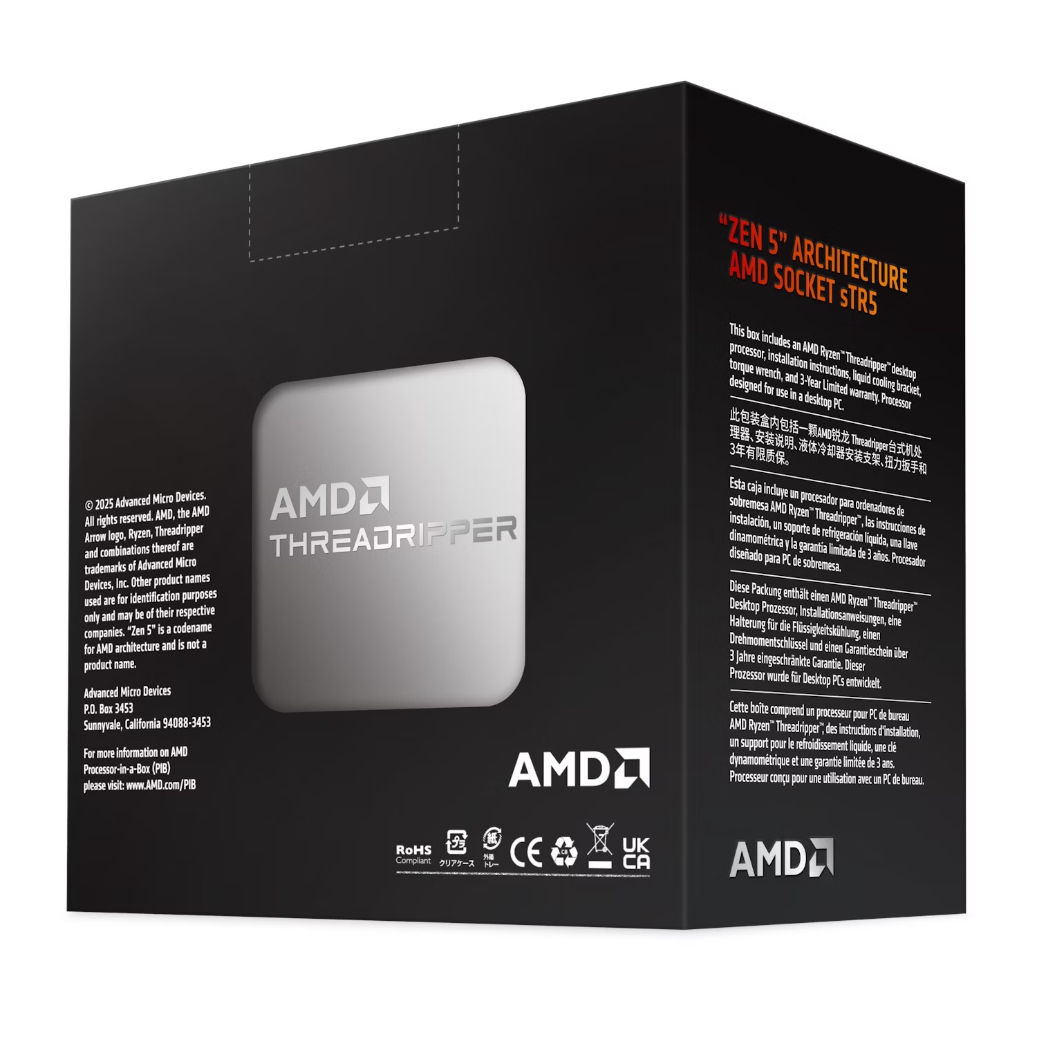 AMD Ryzen Threadripper 9980x tray version, Zen5, 64Cores / 128Threads, Up to 5.4 / 3.2 GHz, PCIe 5.0, 256MB L3, 350W TDP, DDR5-6400 RDIMM, sTR5, TRX50 image 3