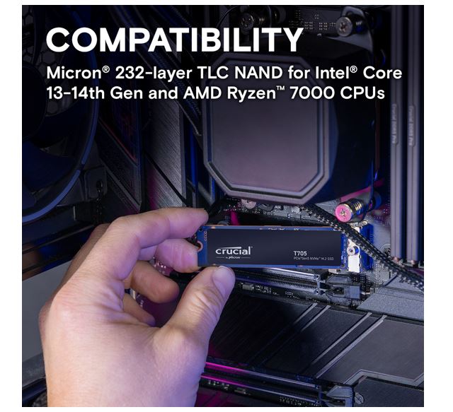 Crucial T705 2TB Gen5 NVMe SSD - 14500/12700 MB/s R/W 1200TBW 1550K IOPs 1.5M hrs MTTF DirectStorage for Intel 14th Gen & AMD Ryzen 7000 image 2