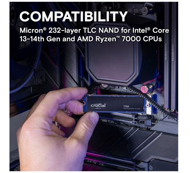 Crucial T705 4TB Gen5 NVMe SSD - 14100/12600 MB/s R/W 2400TBW 1500K IOPs 1.5M hrs MTTF DirectStorage for Intel 14th Gen & AMD Ryzen 7000 image 2