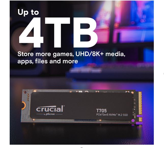 Crucial T705 4TB Gen5 NVMe SSD - 14100/12600 MB/s R/W 2400TBW 1500K IOPs 1.5M hrs MTTF DirectStorage for Intel 14th Gen & AMD Ryzen 7000 image 4