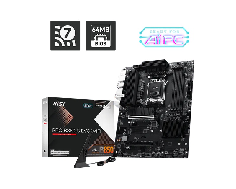 MSI PRO B850-S EVO WIFI, AMD B850, AM5, Ryzen 9000/8000/7000, 4xDDR5 256GB 8200+MT/s OC, PCIe 5.0 x16, 3xM.2, 5G LAN, Wi-Fi 7, 3yr wty