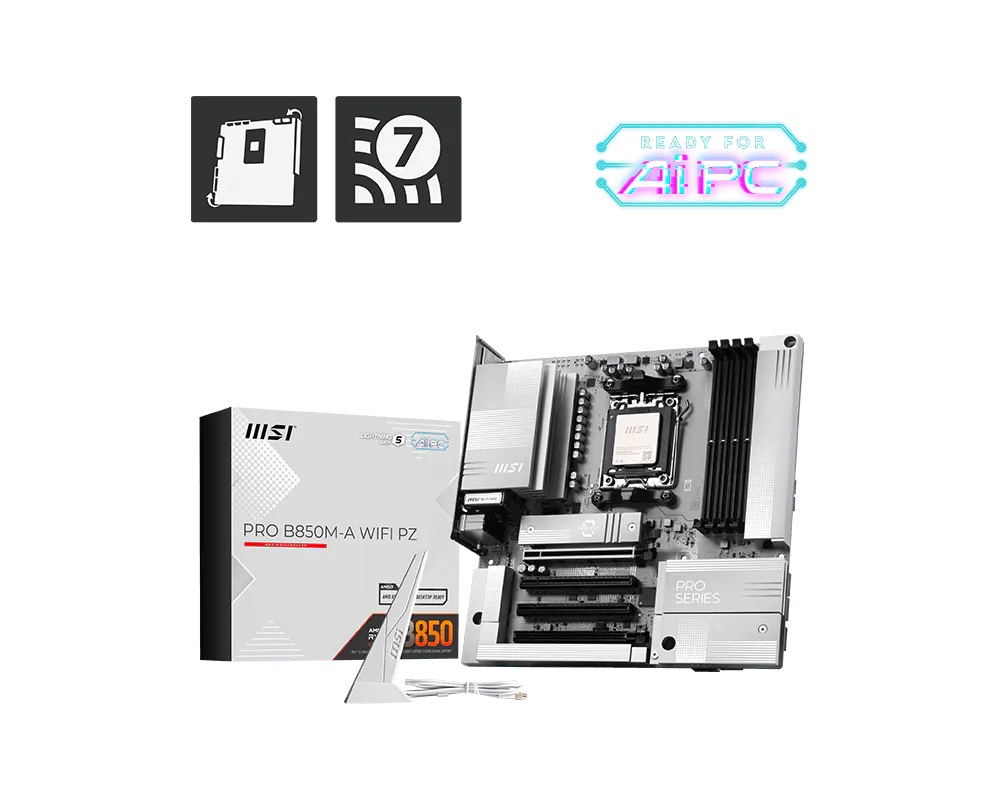 MSI PRO B850M-A WIFI PZ, AMD Ryzen™ 9000/ 8000/ 7000, AM5, DDR5 256GB, PCIe 5.0, 2x M.2, Wi-Fi 7, 5G LAN, Back-Connect